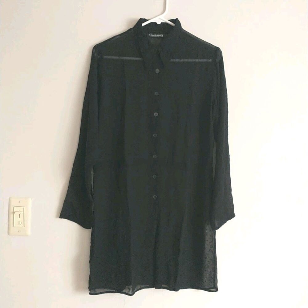 Vtg Cacharel Blouse Tunic Shirt Womens 10 Black Swiss Dots Button Sheer LongSlv
